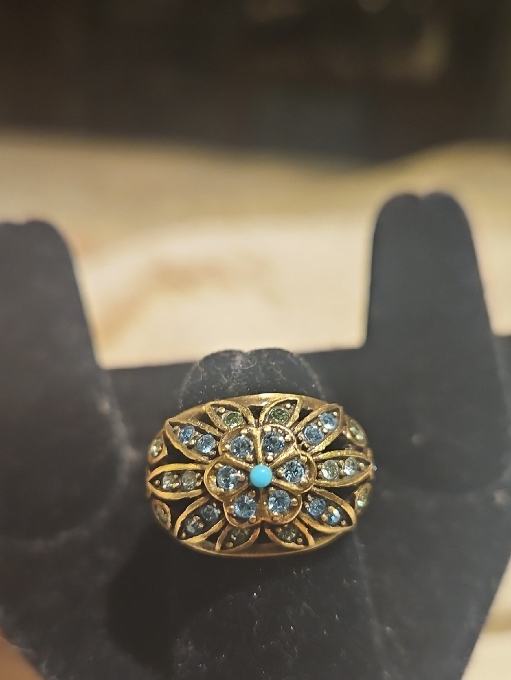 Heidi Daus Gold-Tone Blue Flower Cluster Ring with Turquoise Center